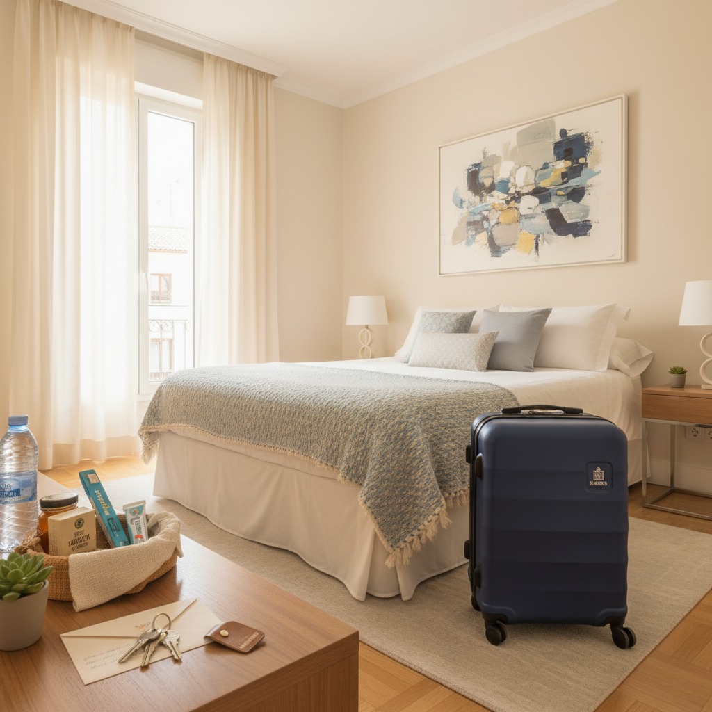 Habitación de hotel luminosa con una cama hecha, una maleta azul en el suelo y una mesa con artículos de bienvenida y llaves en primer plano.