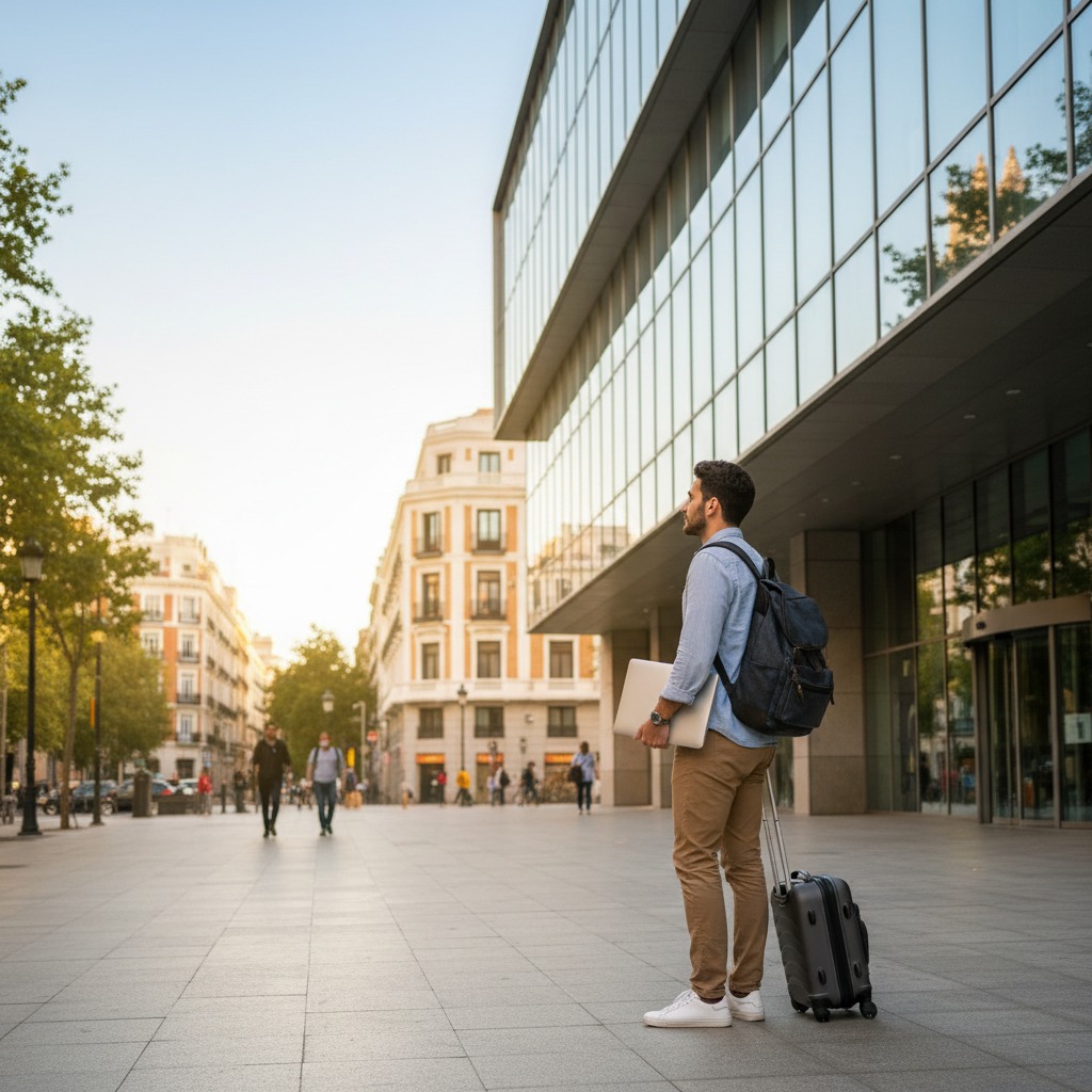 Un hombre joven con mochila, una maleta y un portátil camina por una plaza urbana frente a un edificio moderno.