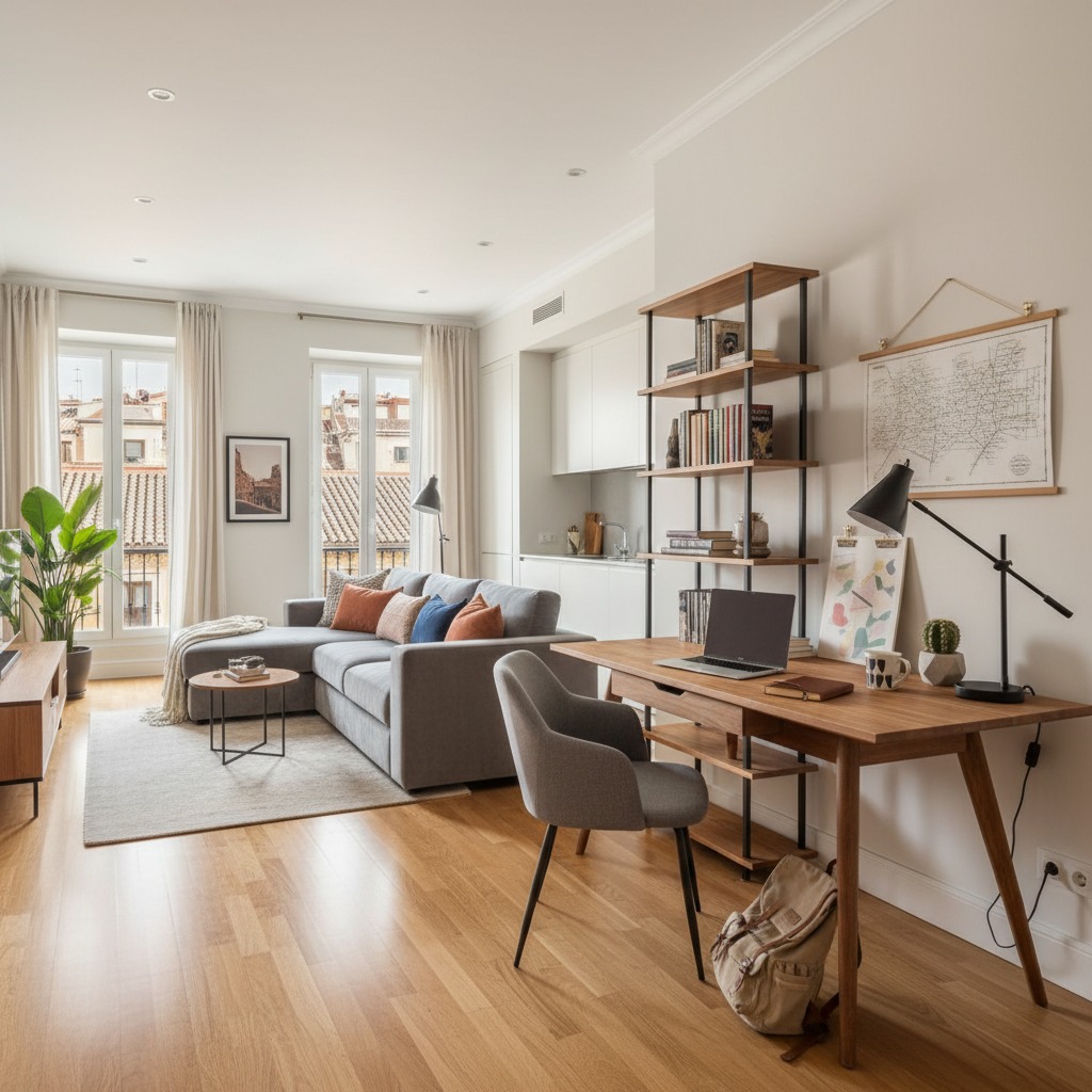 Salón moderno de planta abierta con zona de estar, sofá gris y un escritorio de madera con ordenador portátil.